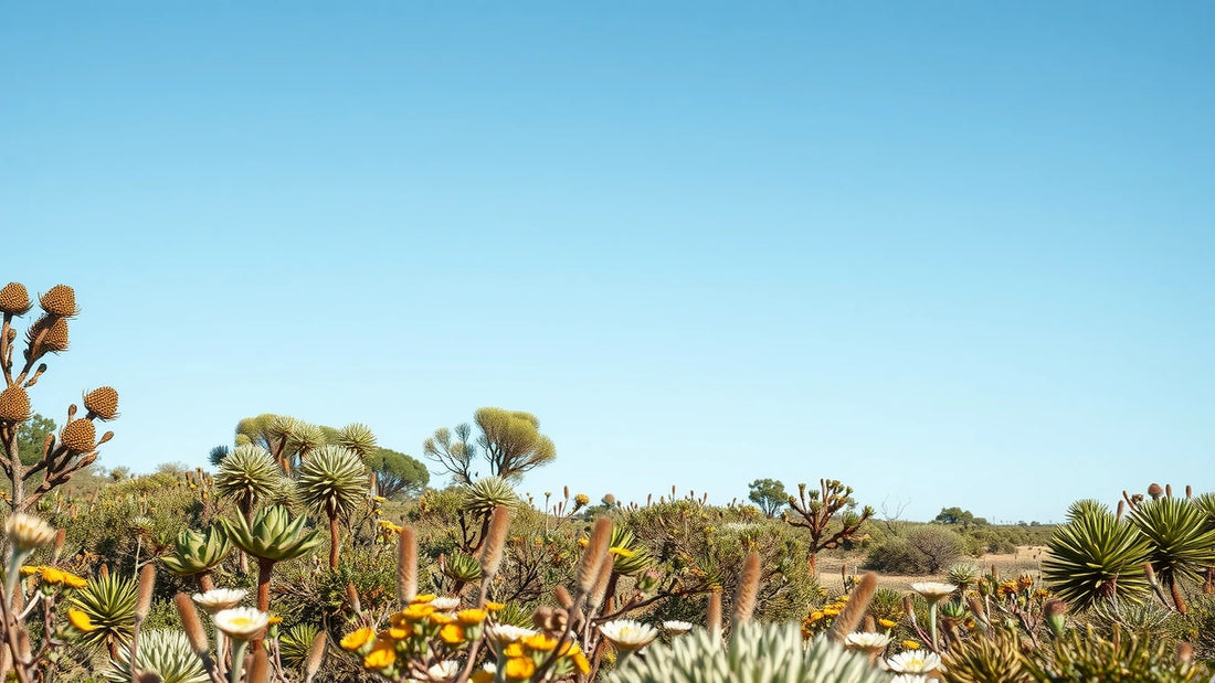 Open banksia heath wildflower plain under a wide pale blue Australian sky.