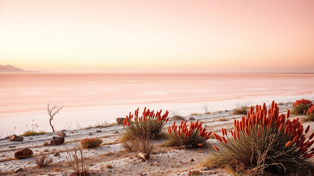 Wide pink salt lake with rose water bands and white shoreline under a clear pale sky.