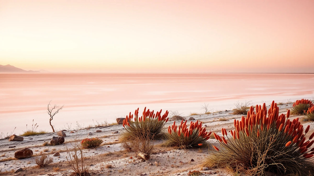 Wide pink salt lake with rose water bands and white shoreline under a clear pale sky.