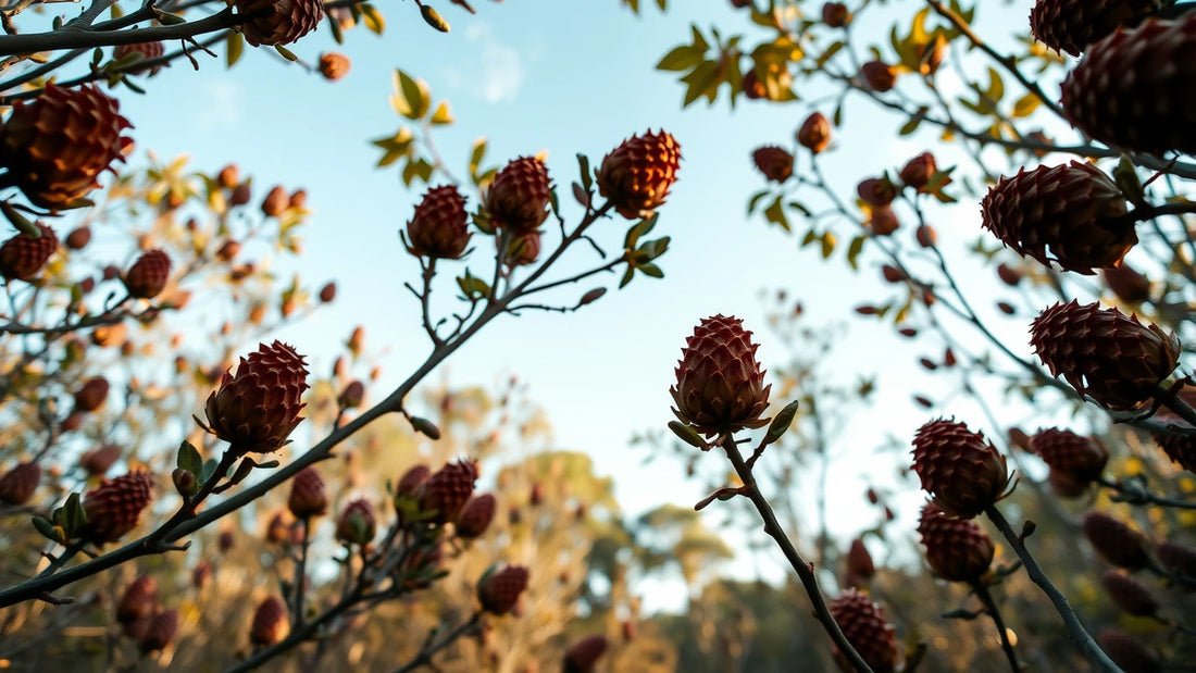 Banksia woodland canopy with cone-laden branches in warm late-autumn light.