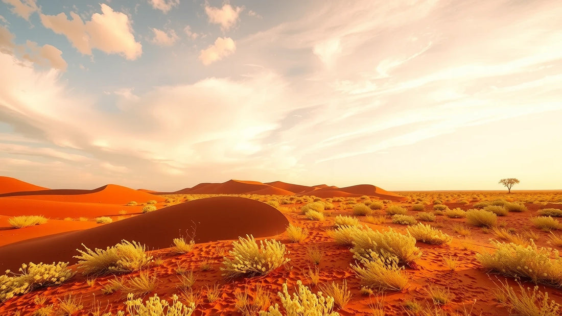 Red Centre sand dunes and spinifex under a vast bright dry-season sky with heat haze.