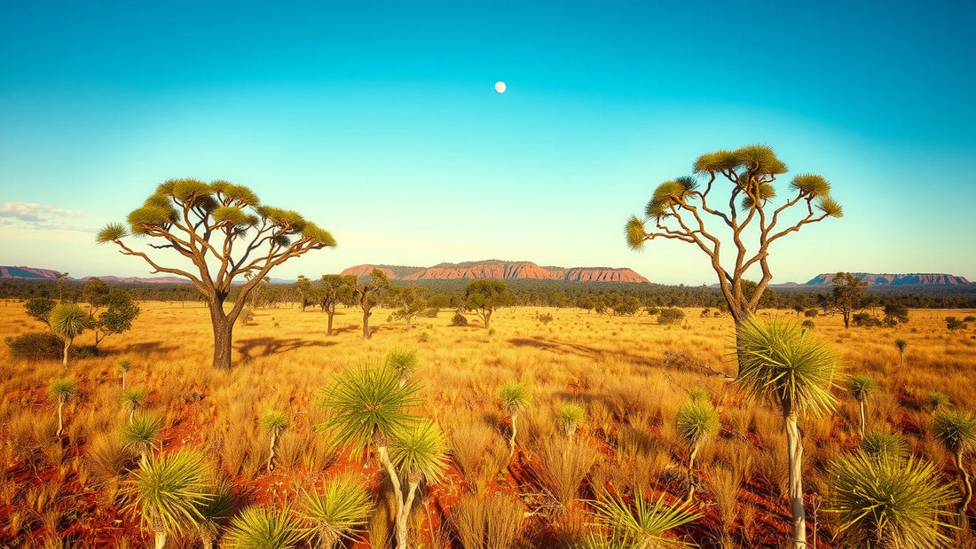 Top End monsoonal woodland with warm understorey and distant sandstone escarpment haze — Kakadu plum country.