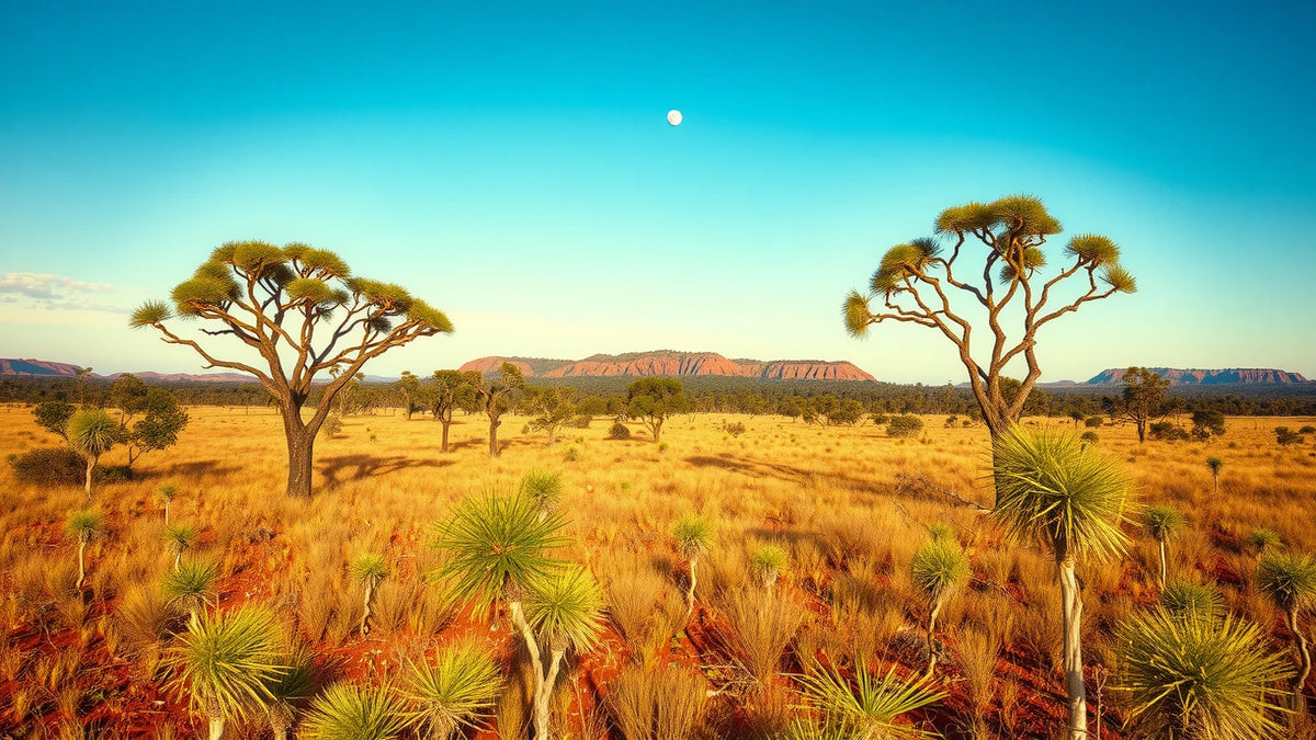 Top End monsoonal woodland with warm understorey and distant sandstone escarpment haze — Kakadu plum country.