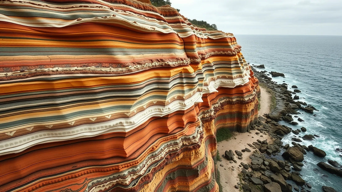 Coastal cliff face of stacked cream, ochre and rust sedimentary rock layers.