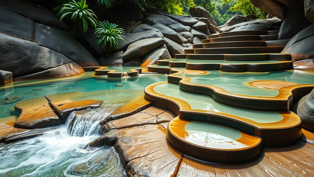Clear multi-tier rock pools and cascade steps in tropical northern Australia at soft morning light.