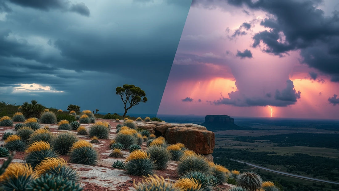 Australian sandstone plateau with sunlit rock on one side and a purple storm cell on the other.