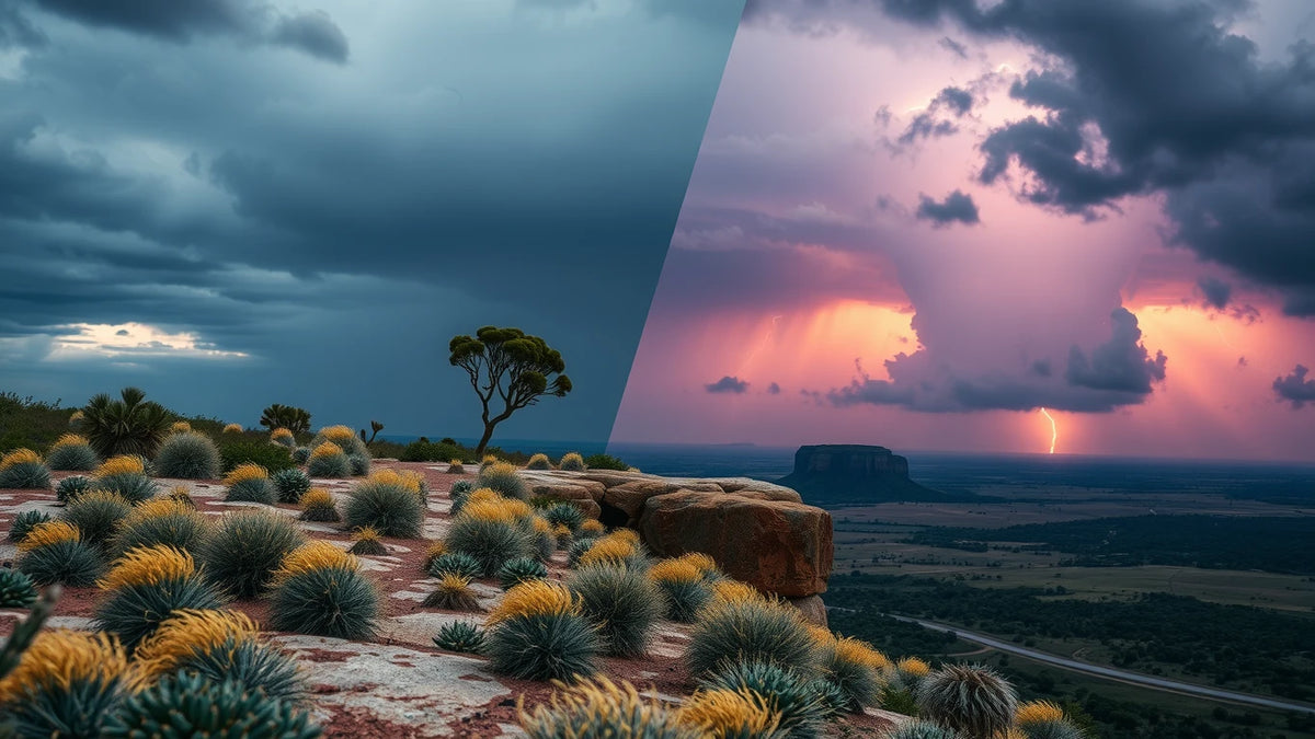 Australian sandstone plateau with sunlit rock on one side and a purple storm cell on the other.