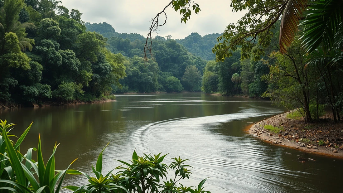 Wet-tropics rainforest river bend under dense broadleaf canopy in soft humid light.