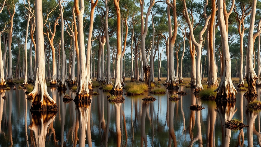 Paperbark melaleuca wetland with white trunks reflected in still water and morning mist.