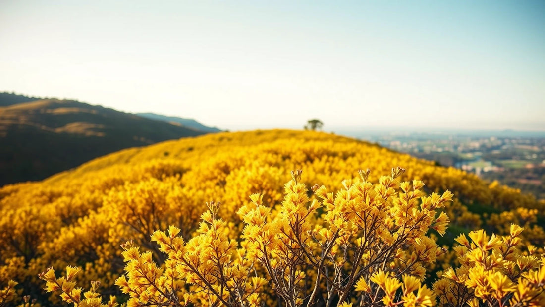 Australian hillside glowing with golden wattle blossom in soft spring morning light.