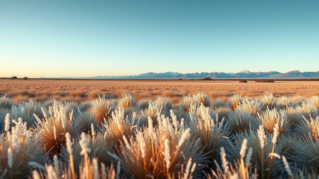 Frosted Tasmanian button-grass moor at cool winter dawn with distant blue ranges.
